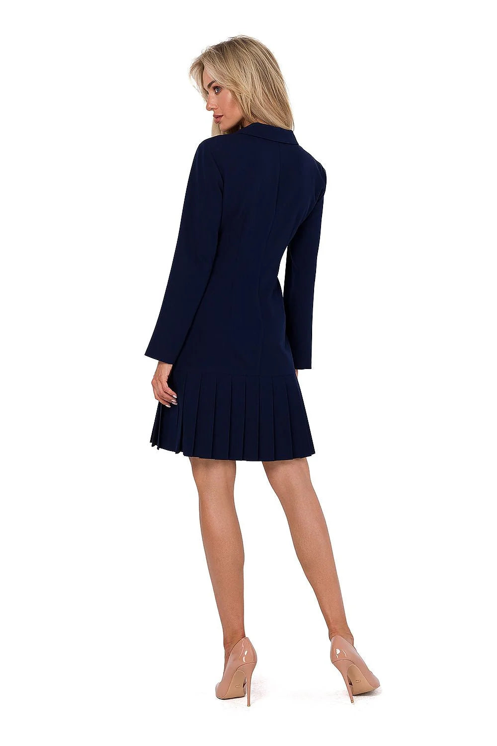 robe jour élégante manches longues col V bleu marine taille ajustable cintrée tailleur blazer courte plissée boutons recouverts structurée polonaise