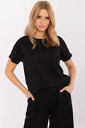 Chemisier femme élégant style classique manches courtes col rond couleur noire matière polyester confortable