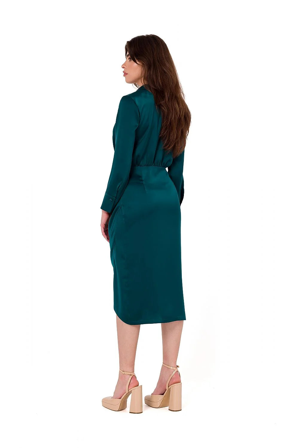 Robe de cocktail élégante Makover en satin vert émeraude longueur genoux manches longues col à revers pour femme