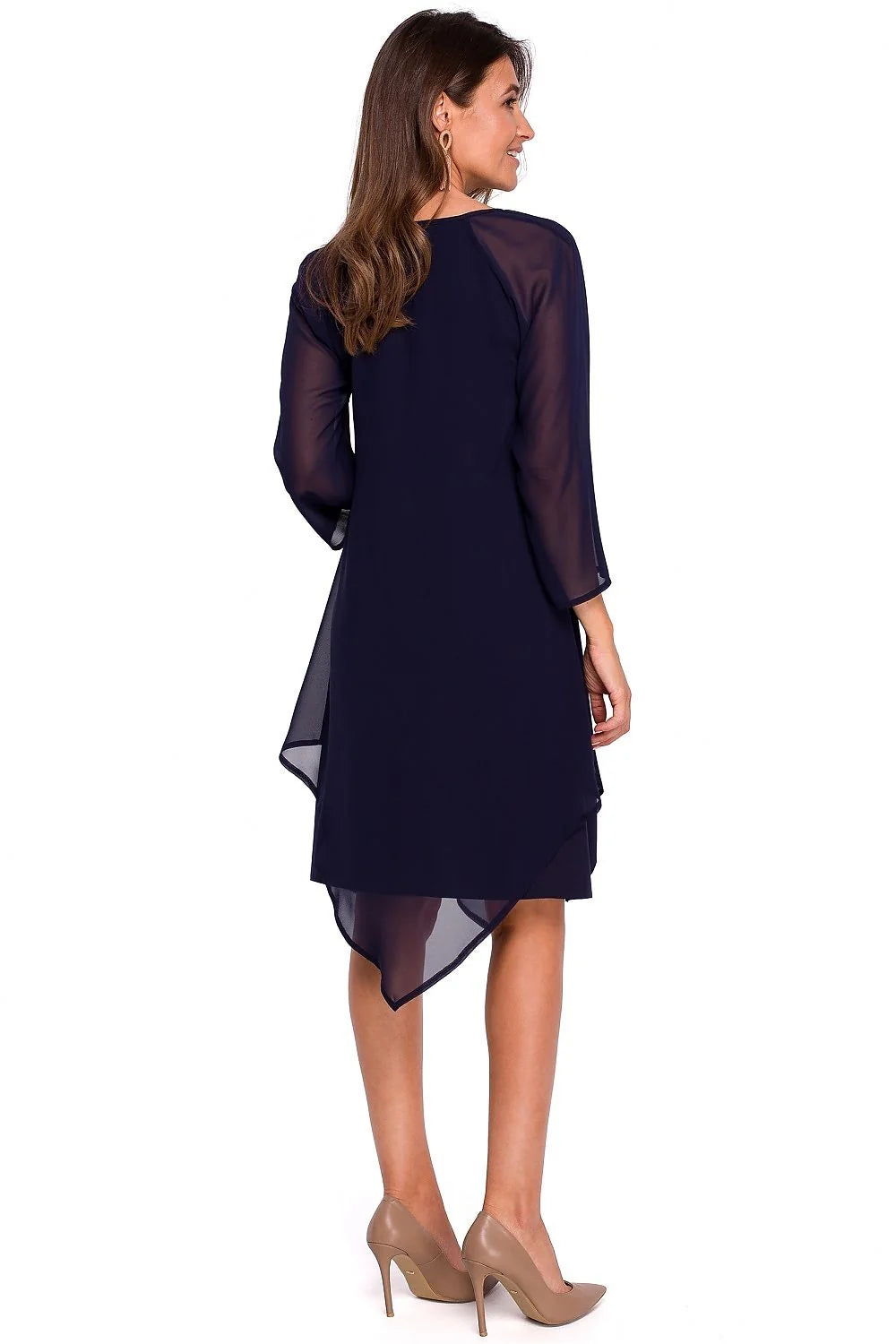 Robe de cocktail Stylove pour femme, bleu marine, coupe asymétrique, manches 3/4, tissu léger, style moderne, soirée élégante, occasion polyvalente, taille ajustable, vêtement mode, bohème chic, robe longue, accessoires complémentaires