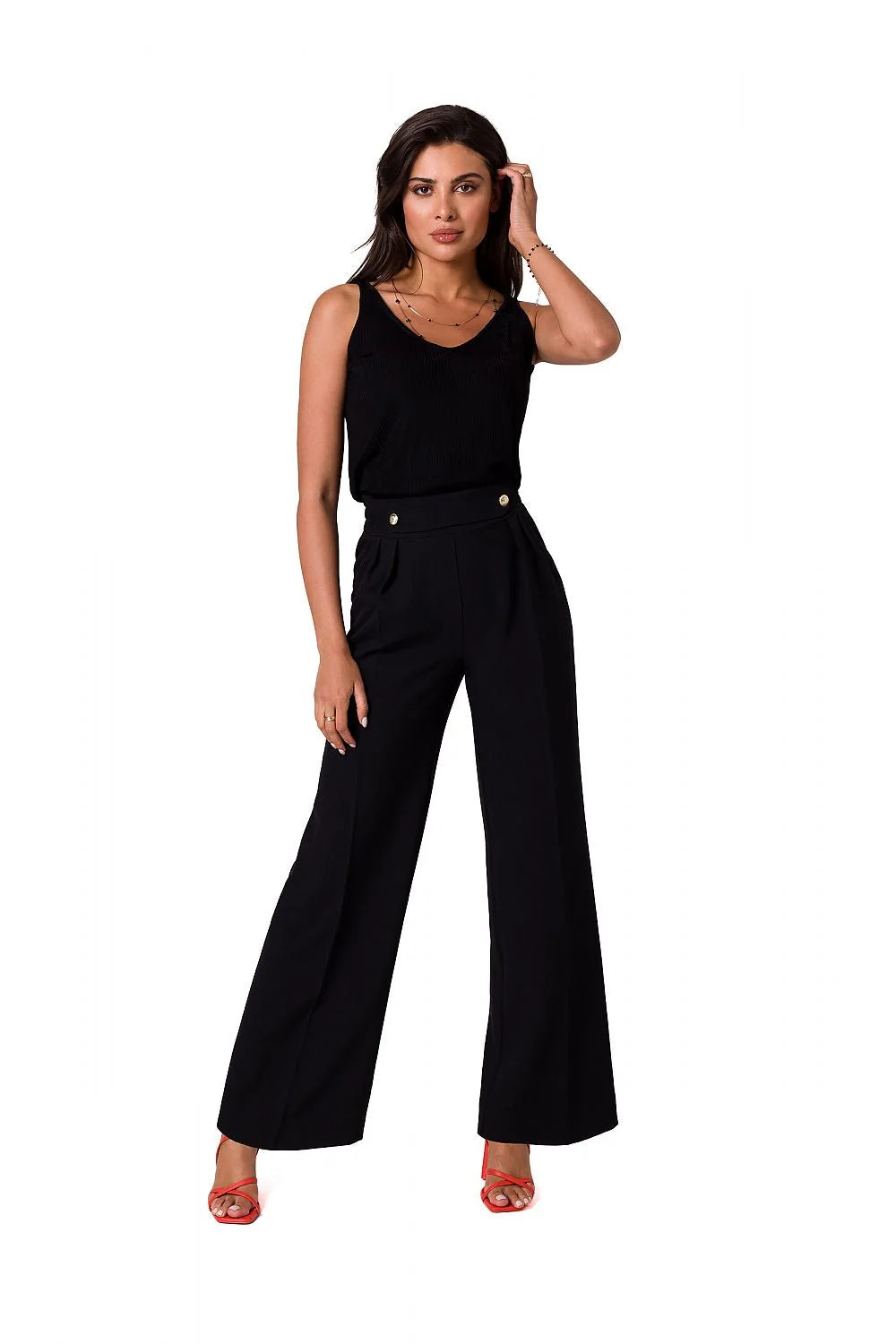 Pantalon long Be Wear en tissu léger, blanc, taille haute, coupe ample, boutons dorés, pour femmes élégantes