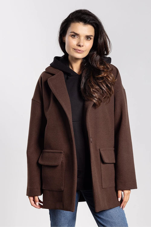 veste oversize femme élégante minimaliste moderne ample confortable lainage marron chocolat mi cuisse col revers poches rabat boutons dissimulés chaude