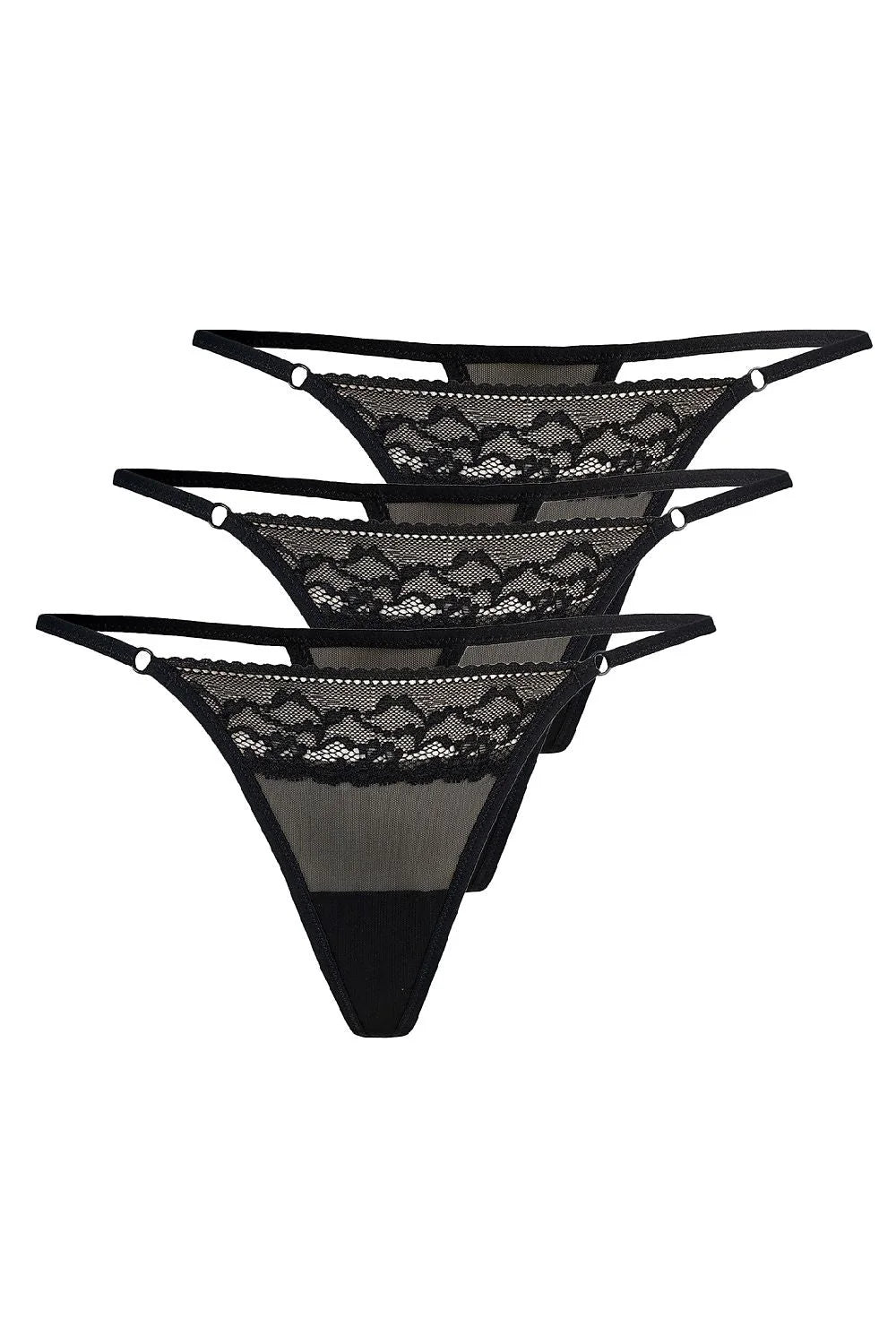lot trois strings noirs dentelle florale tulle transparent taillebasse couvrance minimaliste fines bandes élastiques anneaux dorés doublure coton respirant confortable