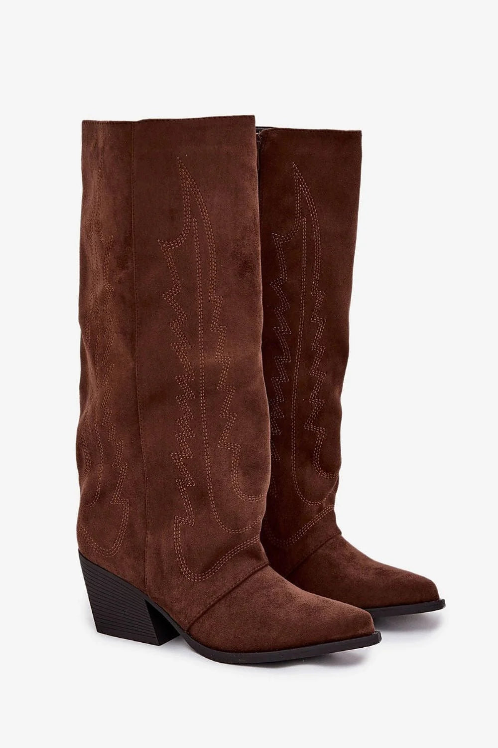 bottes cowboy femme suédine écologique marron foncé tige haute 36cm talon bloc biseauté moyen bout pointu