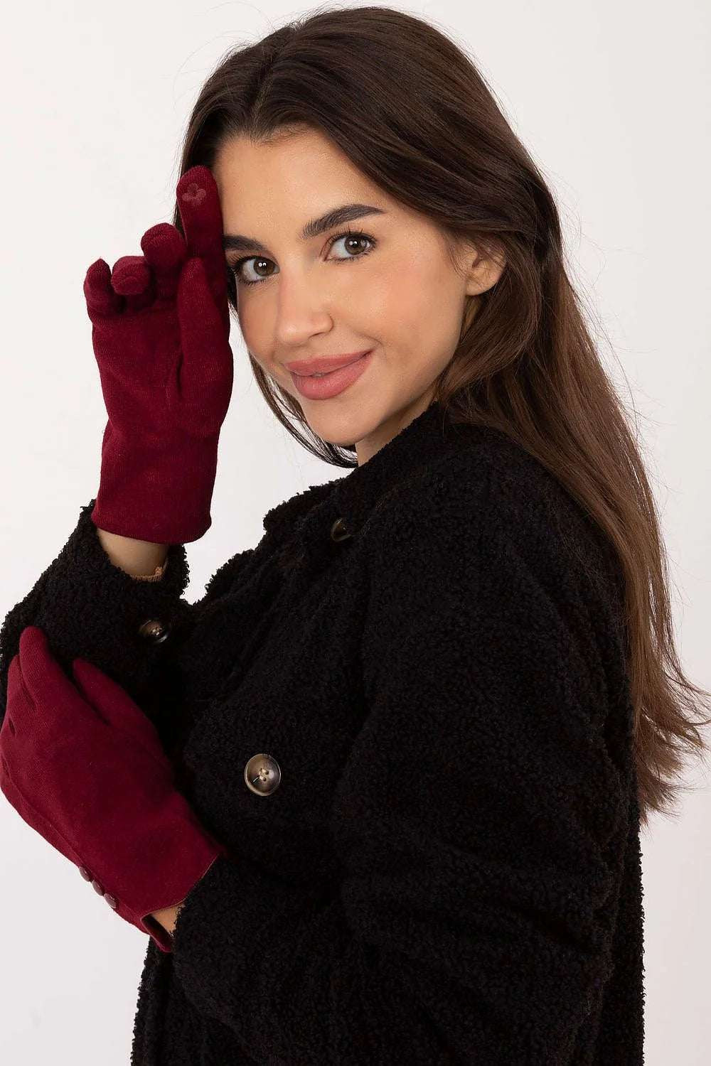 Gants élégants pour femmes, tissu lisse isolé, boutons décoratifs, fleur brodée, coton 60% élasthanne 5% polyester 35%, coupe ajustée, couleur burgundy, hiver automne, accessoire mode