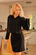 Ensemble chic deux pièces femme robe jupe haut manches longues en V noir uni coupe ajustée moderne