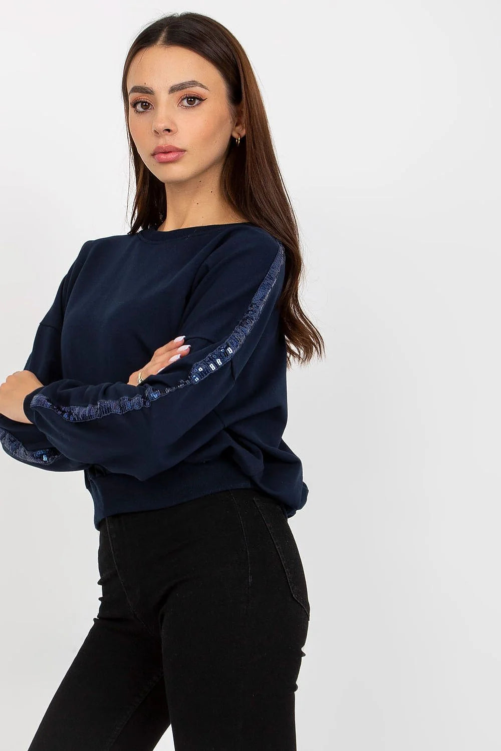 sweatshirt femme casual chic bleu marine manches longues col rond oversize bandes paillettes viscose élasthanne confort