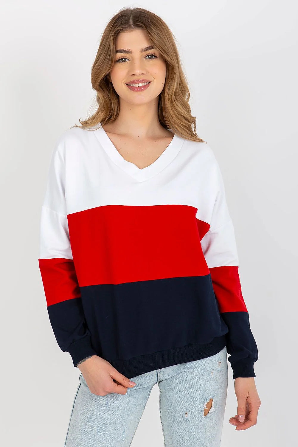 Sweatshirt femme Rue Paris manches longues en V blocs de couleur coton élasthanne confortable taille S M L XL