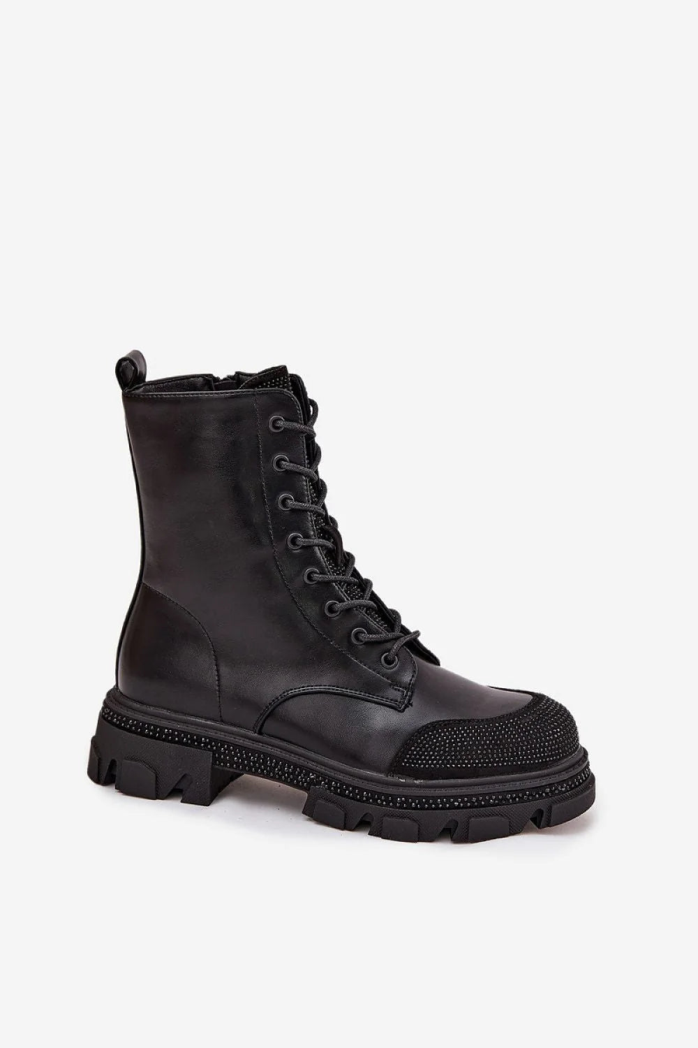 bottines femme similicuir noires cheville contemporaines laçage frontal zip latéral semelleplateforme crantée antidérapante boutrenforcé décoratif oeilletsmétalliques doublurechaude confortable durable