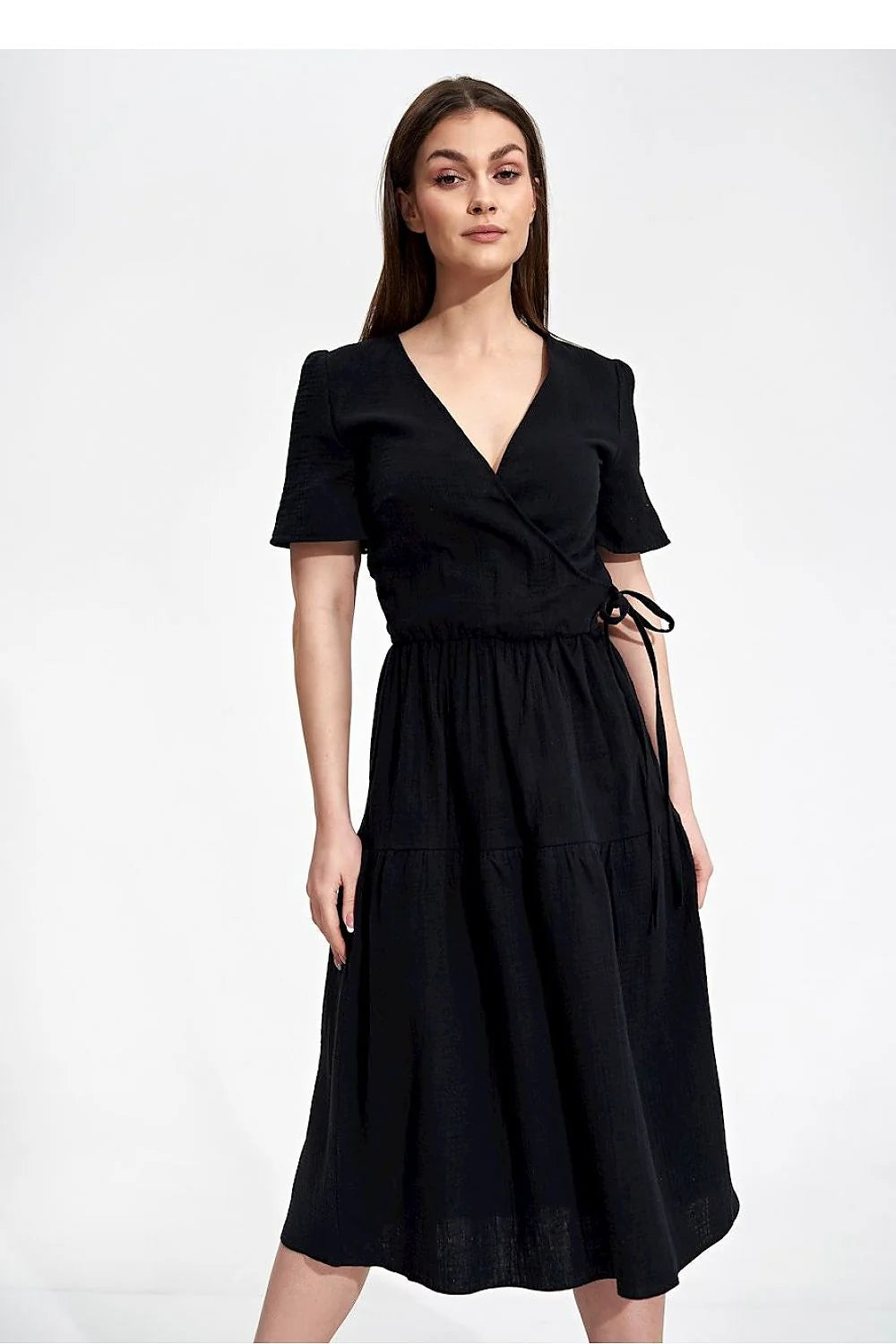 Robe de jour élégante été manches courtes encolure enveloppante coton 100 % taille ajustable femme