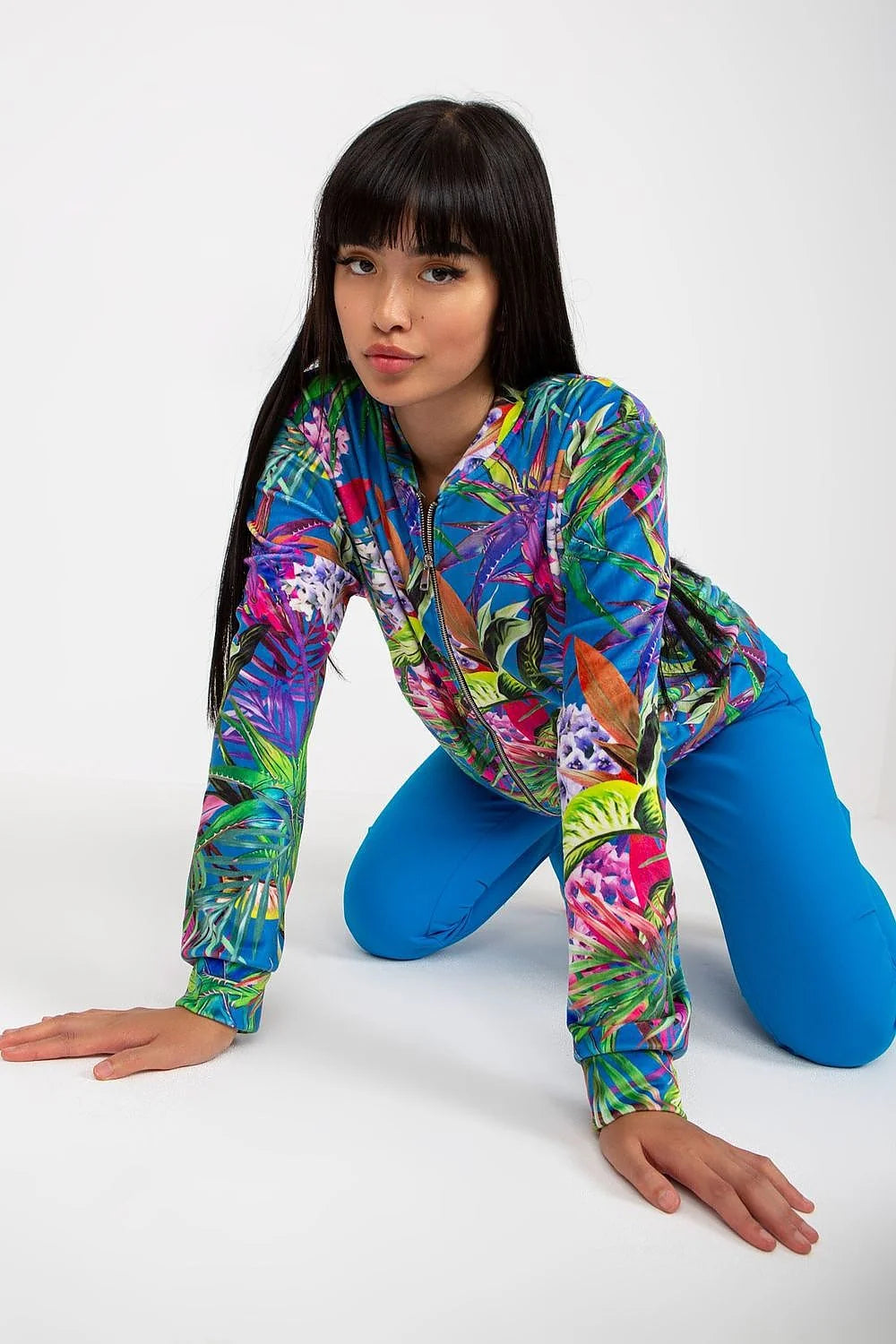 Blouson femme style bomber imprimé tropical multicolore polyester manches longues fermeture éclair elastique été occasion