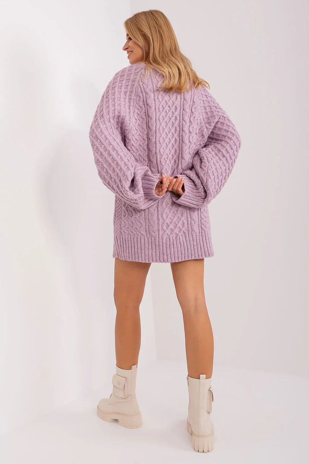 Pull long oversize à motifs câbles pour femme en acrylique couleur lavande douce manches volumineuses coupe loose