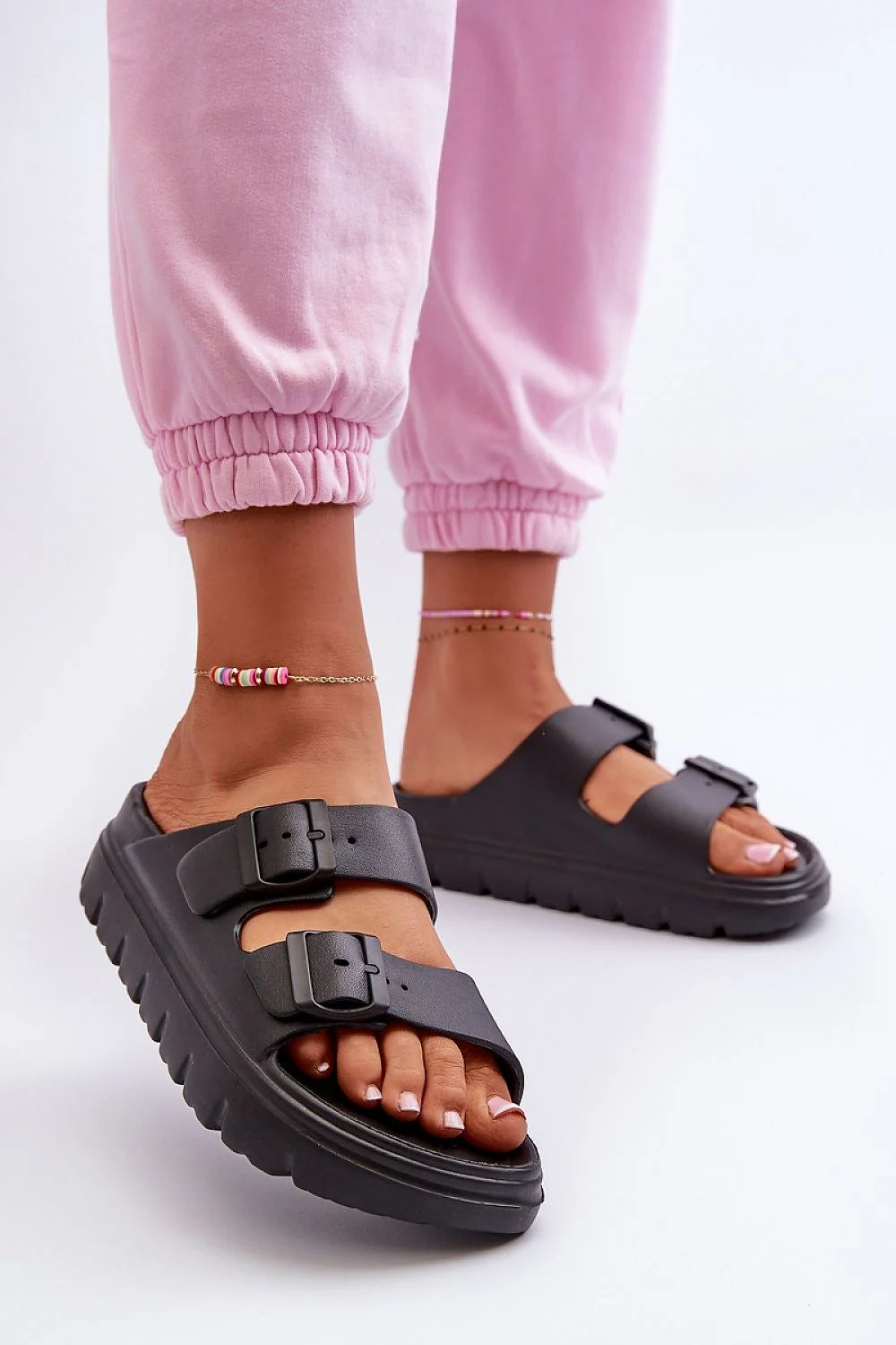 sandales femmes noir mat plateforme 35mm semelle crantée épaisse bout ouvert mules brides larges réglables boucles similicuir amortissante antidérapante confortable