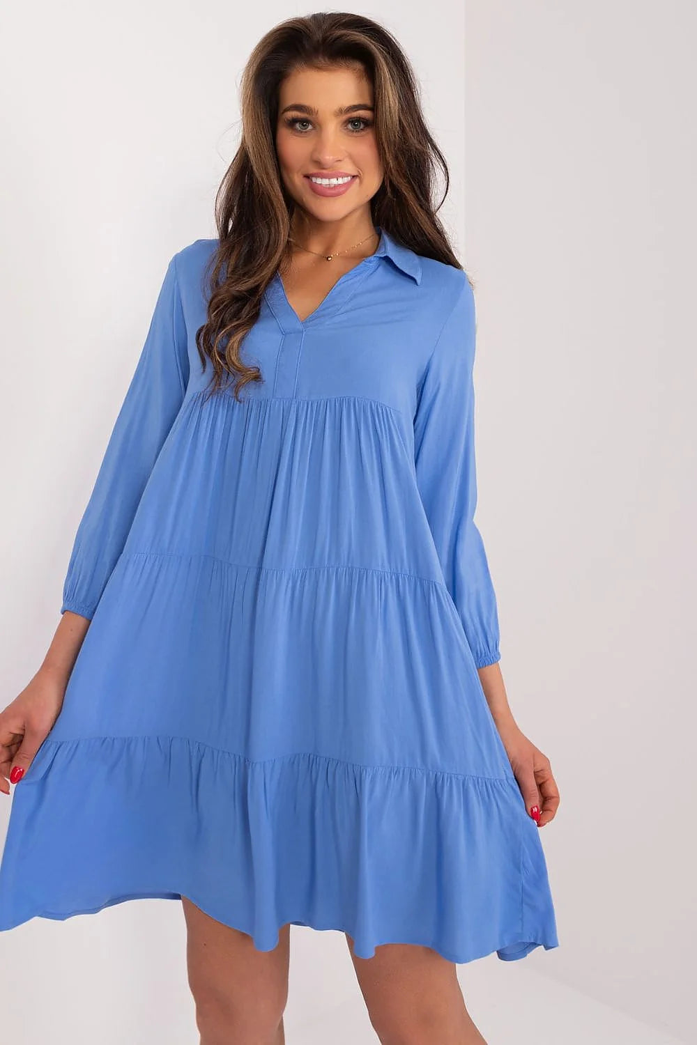 Robe de jour Sublevel été décontractée longue manches longues col classique bleu clair viscose coupe trapèze finitions soignées sans fermeture éclair femme