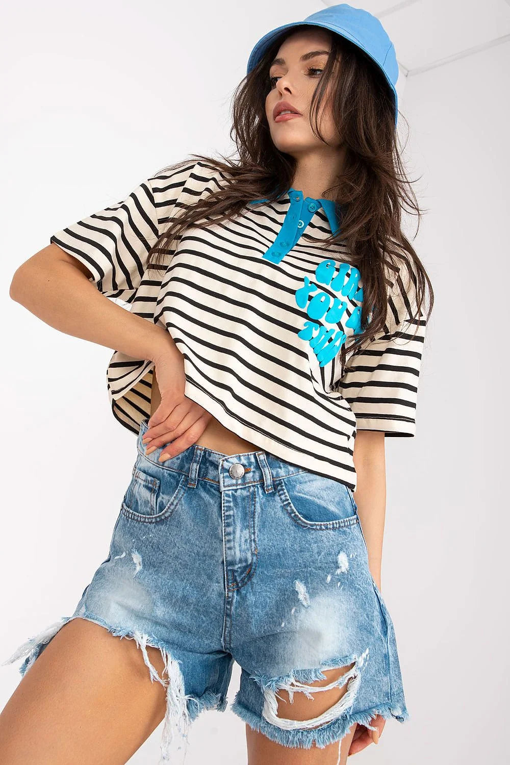 Haut et short en tissu rayé vert et blanc, coton élasthanne, style décontracté, crop top et taille haute, idéal pour été