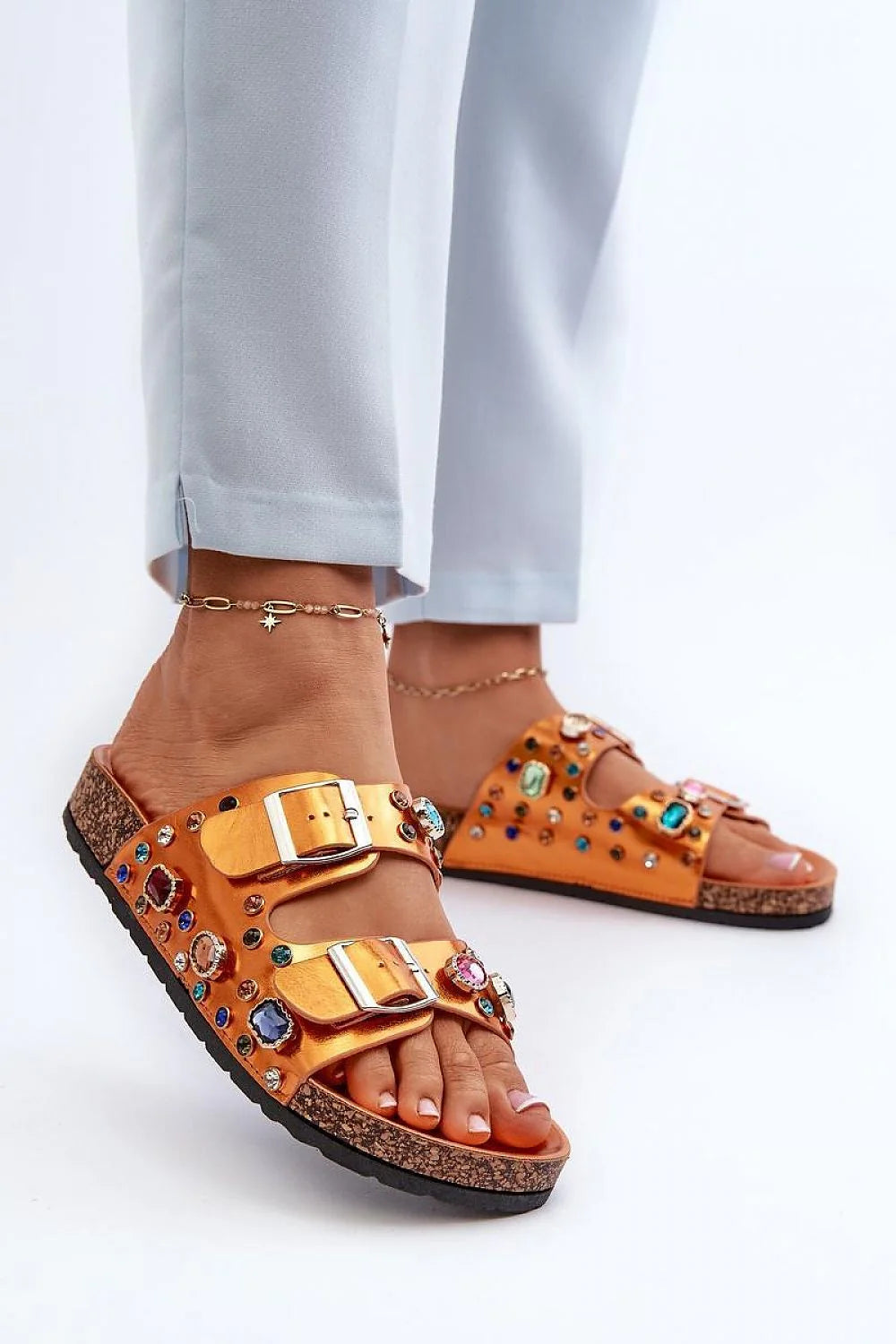 sandales femme mules bohochic cuir artificiel cuivré métallisé pierres multicolores brides ajustables boucles dorées plateforme liège semelle anatomique caoutchouc confortable