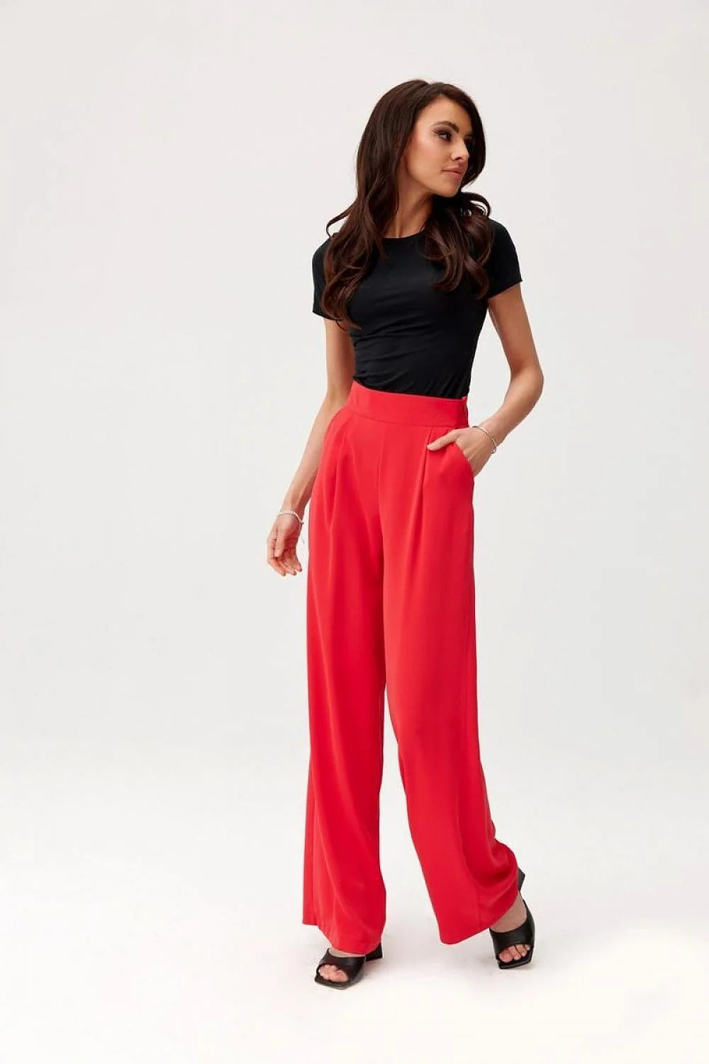 Pantalon femme Roco Fashion taille haute jambes larges couleur rouge vif matière fluide coupe ajustée