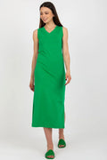 Robe de jour élégante sans manches en V vert vif longueur maxi fente latérale coton élasthanne femme