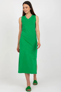 Robe coton élasthanne vert vif v coupe droite longueur maxi fentes latérales confort maximal estivales femme