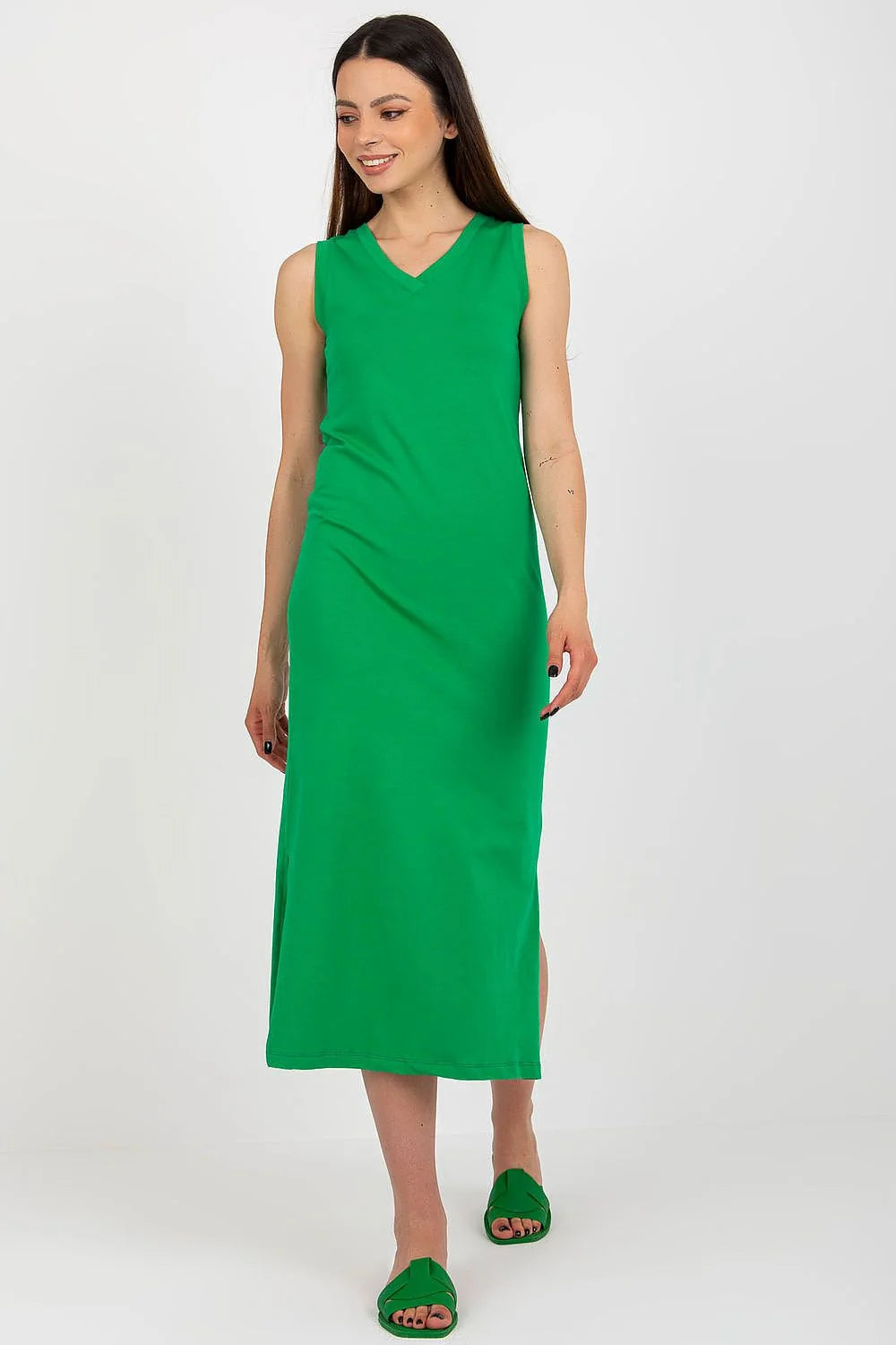 Robe de jour élégante sans manches en V vert vif longueur maxi fente latérale coton élasthanne femme