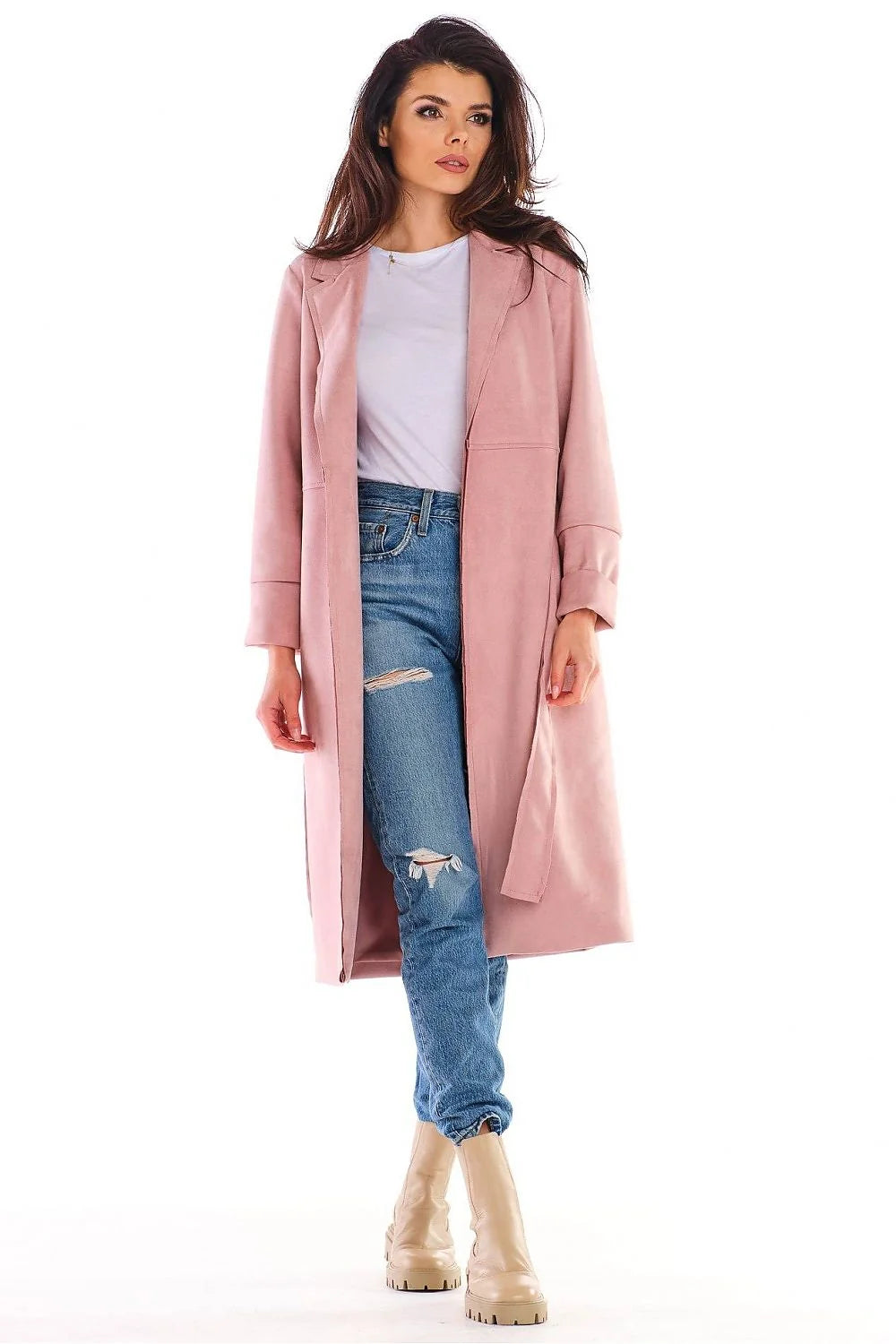 Manteau femme daim doux moderne rose pâle coupe droite élégant style urbain streetwear chic