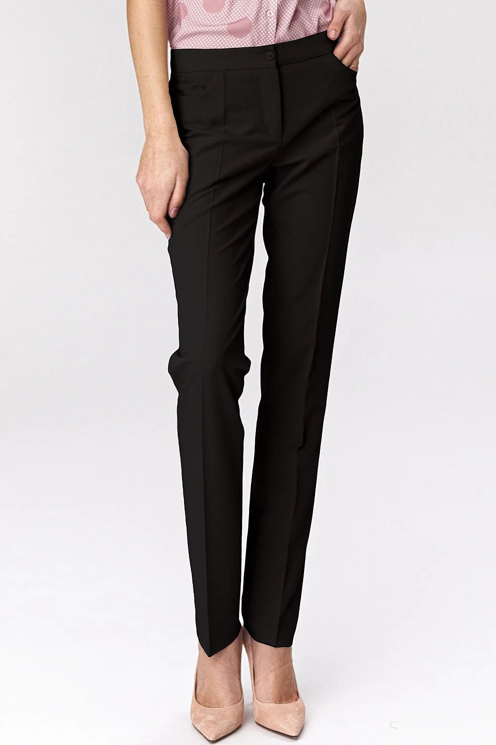 Pantalon femme Nife noir style classique coupe droite polyester élasthanne viscose taille moyennement haute poches latérales fermeture bouton éclair