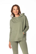 Sweatshirt Tessita à capuche en coton polonais doux pour femme, style ample, poche kangourou, couleur vert kaki, confort quotidien