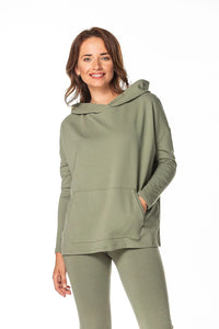 Sweatshirt Tessita coton vert kaki ample capuche poche kangourou manches longues bas évasé casual quotidien détente urbain femme