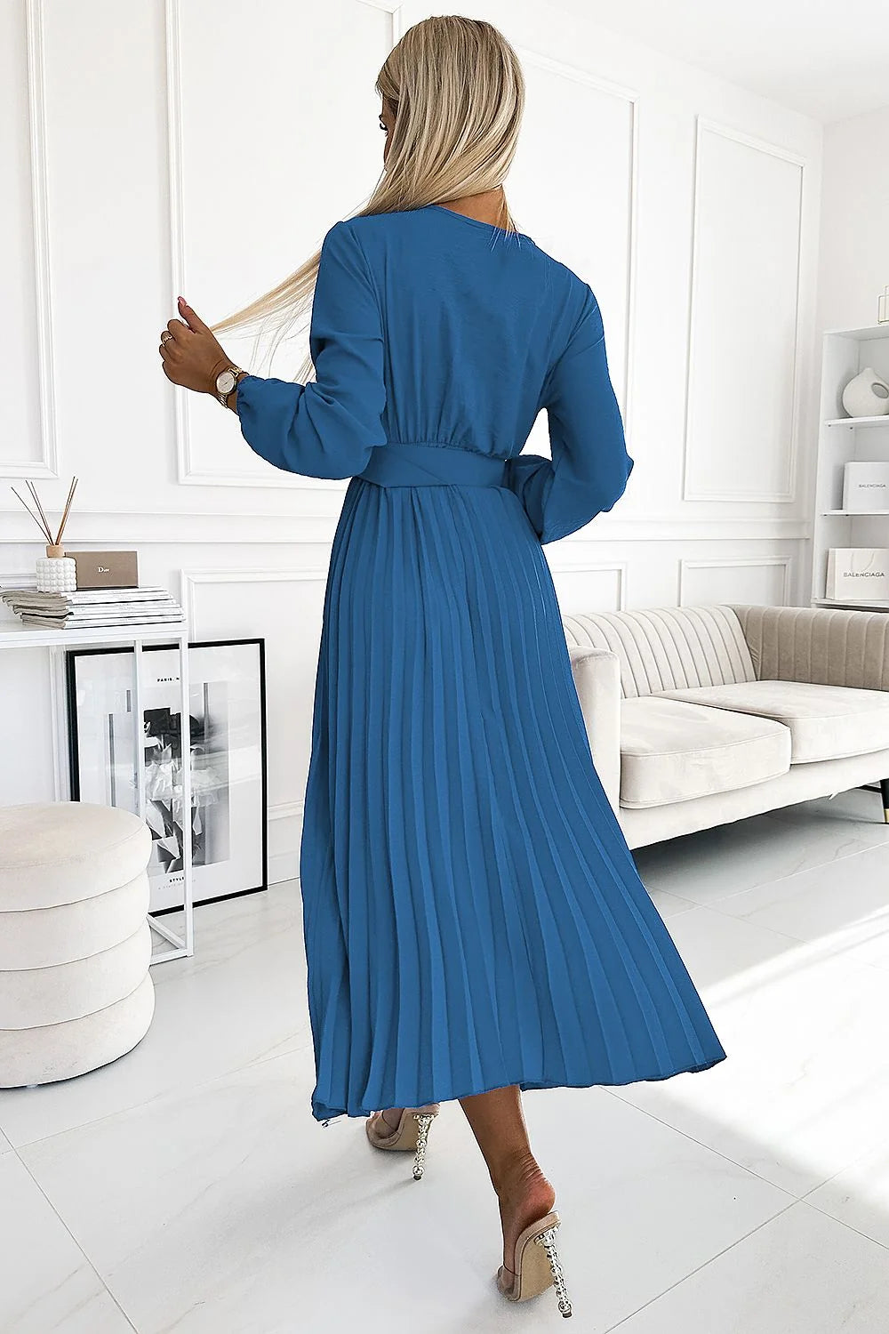 Robe de cocktail élégante Numoco style classique couleur bleu denim manches longues encolure V plongeant ceinture décorative polyester 100 % femmes