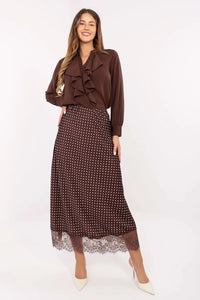 jupe midi taille haute marron pois blancs fluide légère féminine élégante dentelle ourlet élastique confort extensible polyester élasthanne