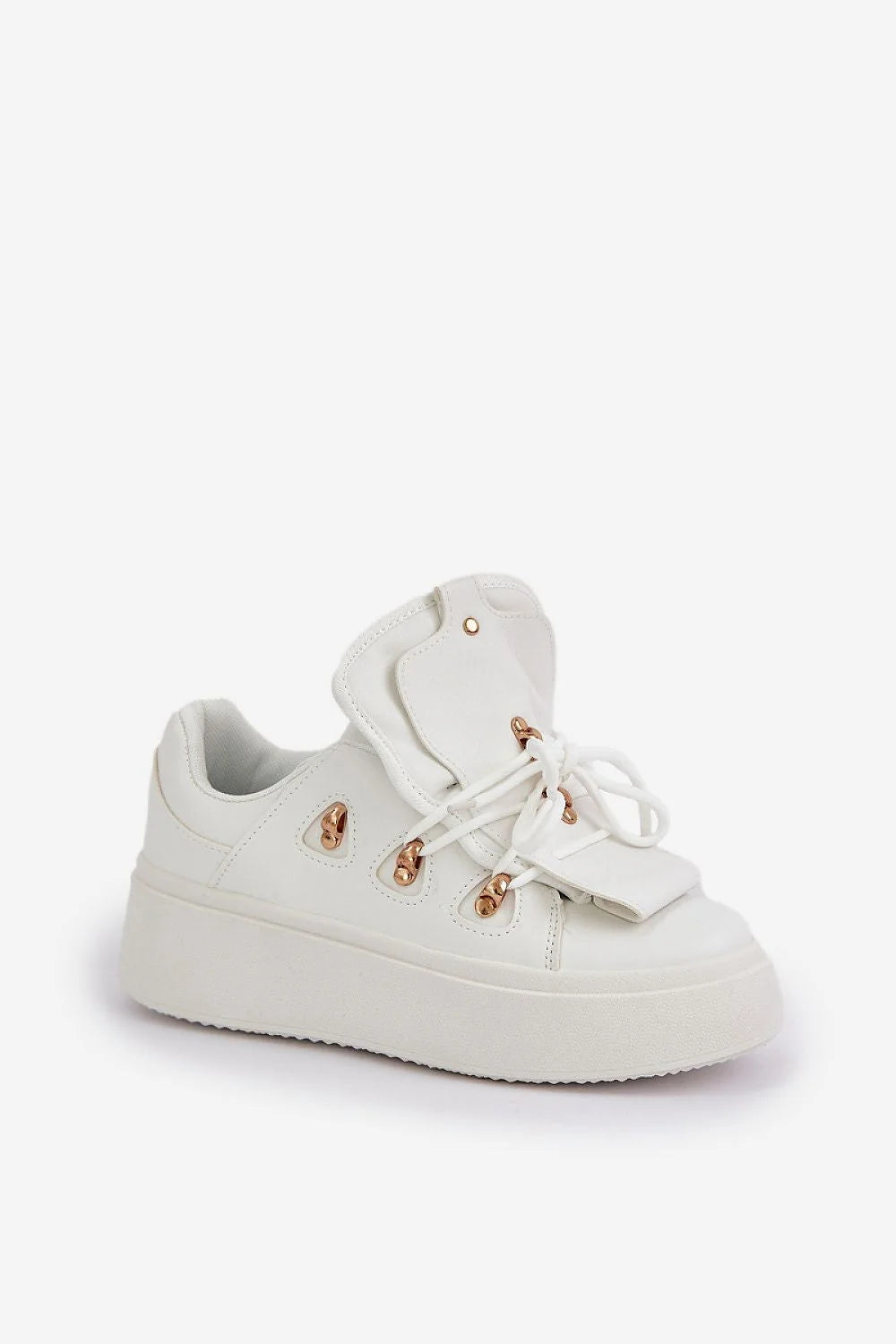 Baskets pour femmes design moderne épuré cuir synthétique blanc œillets dorés semelle épaisse confortable