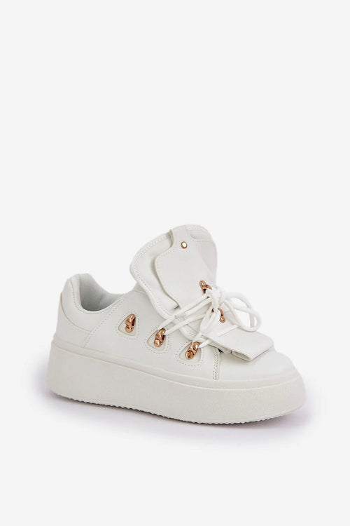 Baskets pour femmes design moderne épuré cuir synthétique blanc œillets dorés semelle épaisse confortable