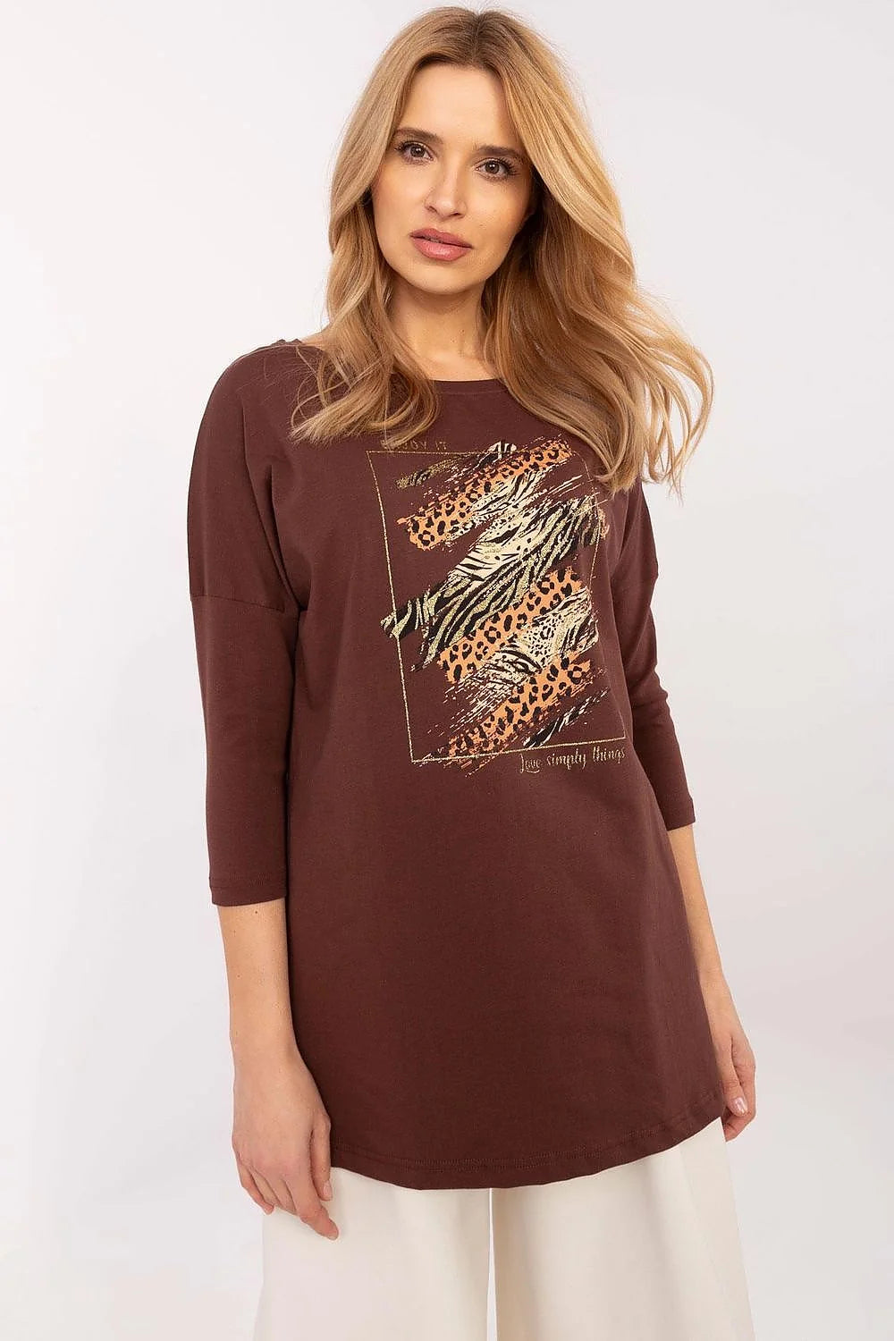 Chemisier à imprimé animal pour femme, tunique longue en coton, manches 3/4, encolure ronde, coupe relax, couleur marron foncé, motifs zèbre et léopard, occasion quotidienne, veste slim, pantalon ajusté, style moderne, look tendance, femme élégante