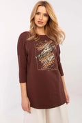 Chemisier à imprimé animal pour femme, tunique longue en coton, manches 3/4, encolure ronde, coupe relax, couleur marron foncé, motifs zèbre et léopard, occasion quotidienne, veste slim, pantalon ajusté, style moderne, look tendance, femme élégante