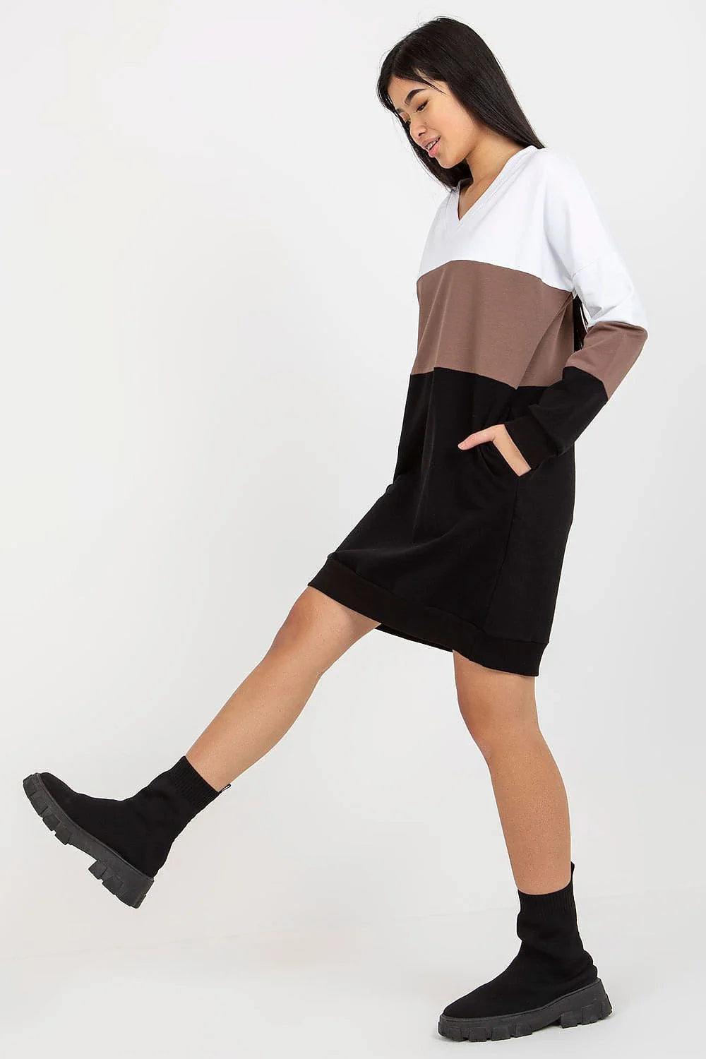 Robe décontractée moderne Rue Paris manches longues encolure cœur tricolore coton élasthanne femmes occasion quotidienne