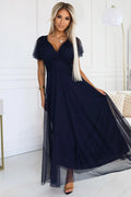 Robe longue élégante en tulle bleu marine manches courtes décolleté V taille ajustée pour femme