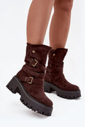 bottines femme suédine écologique marron biker motard mihaute tige talon 7cm massif bride tressée boucles dorées semelle crantée