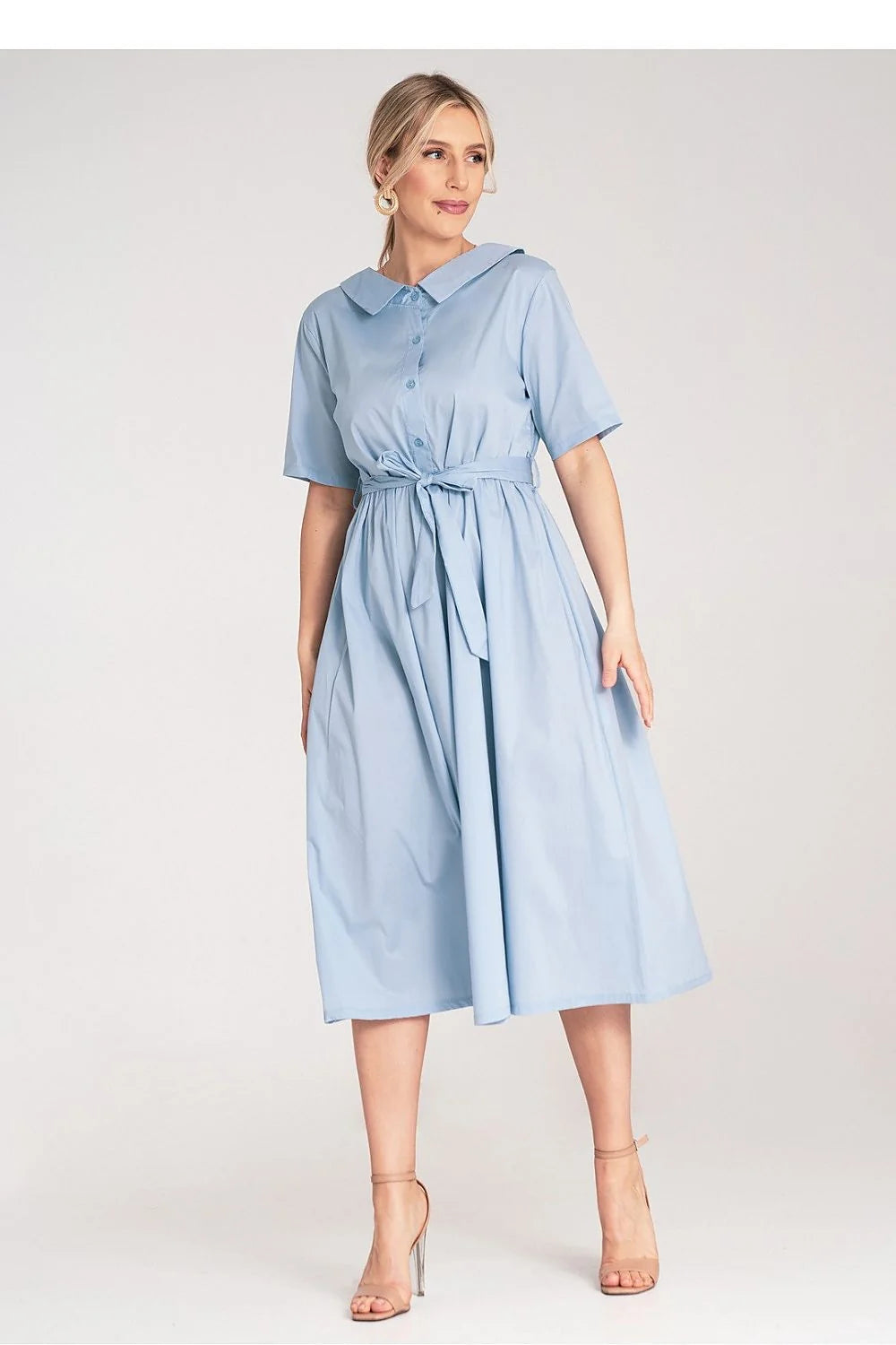 Robe de jour élégante midi manches courtes col rond ceinture assortie coton 100% robe A-line pastel femme