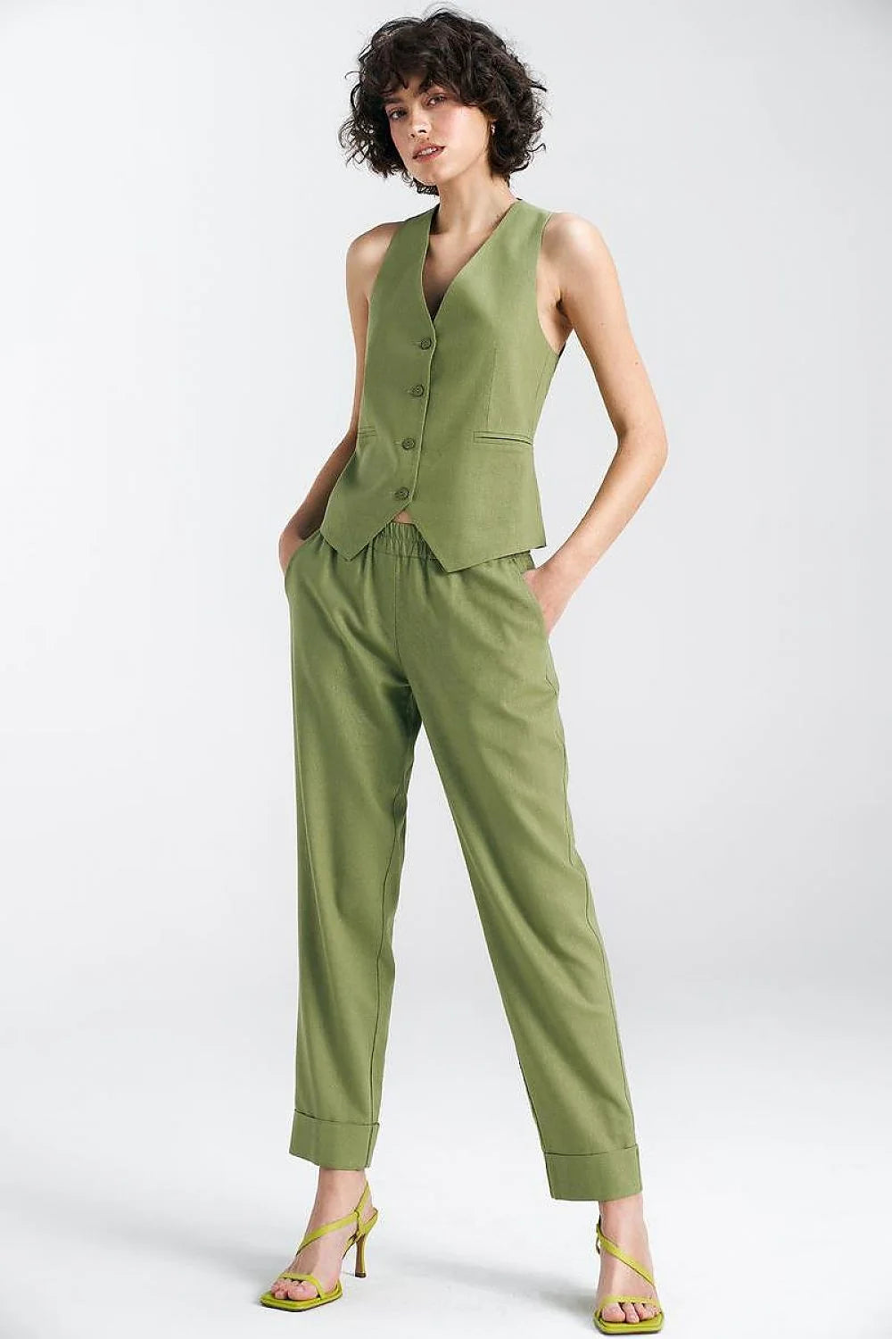 Gilet et pantalon pour femme sans manches V-neck vert olive高腰直筒 linen coton viscose blend ensemble casual chic