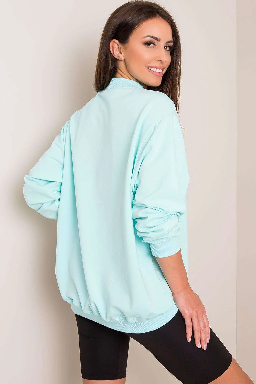 Sweatshirt BFG pour femme en coton 90% élasthanne 10%, style casual oversize, couleur bleu vif, manches longues, col rond côtelé, idéal pour tenues urbaines et décontractées