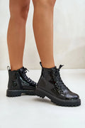bottines femme style combat cuir verni noir brillant talon 4cm fermeture éclair lacets œillets métalliques semelle plateforme crantée