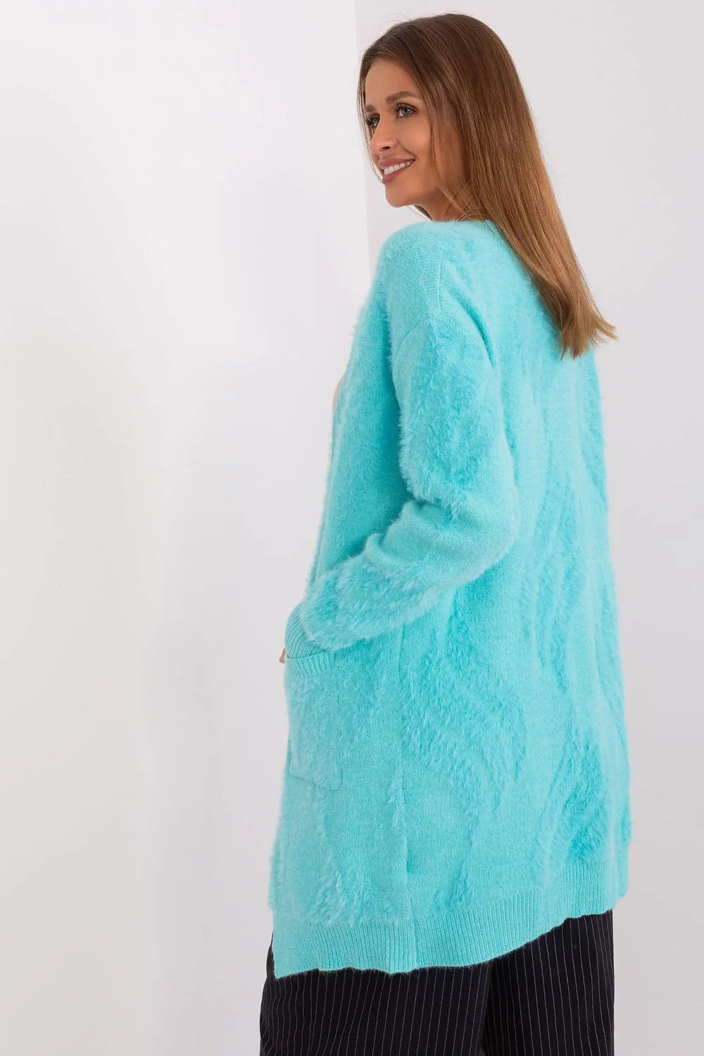 Cardigan moderne pour femme en matériau doux couleur bleu clair sans fermeture manches longues poches coulissantes coupe longue