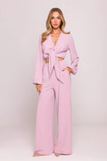 ensemble femme cache coeur pantalon palazzo taille haute rose pâle fluide texturé manches bouffantes noué élastique poches latérales