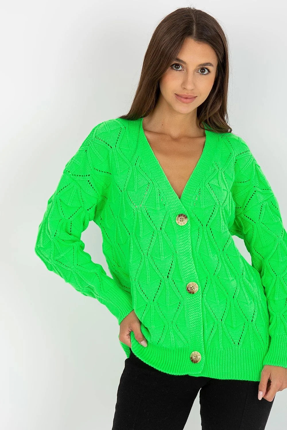 Cardigan Rue Paris rose vif motif maille ajouré manches longues encolure en V boutons beige