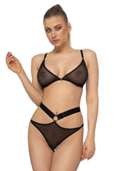 Ensemble lingerie tulle transparent noir sexy audacieux triangle bralette non rembourrée culotte haute ajustable