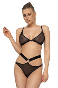 Ensemble lingerie tulle transparent noir sexy audacieux triangle bralette non rembourrée culotte haute ajustable
