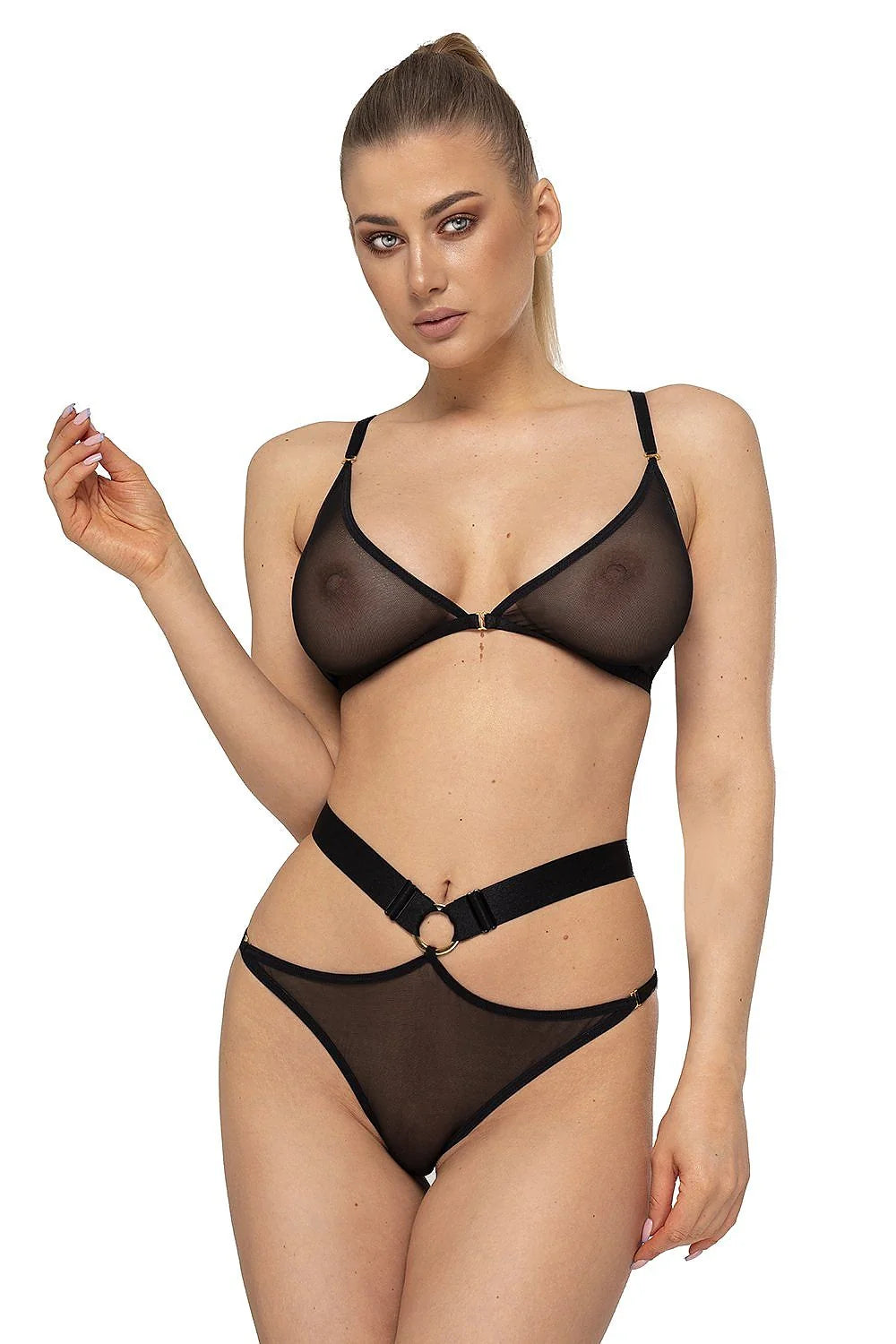 Ensemble lingerie sexy Anais noir transparent maille douce triangle soutien-gorge culotte haute femme