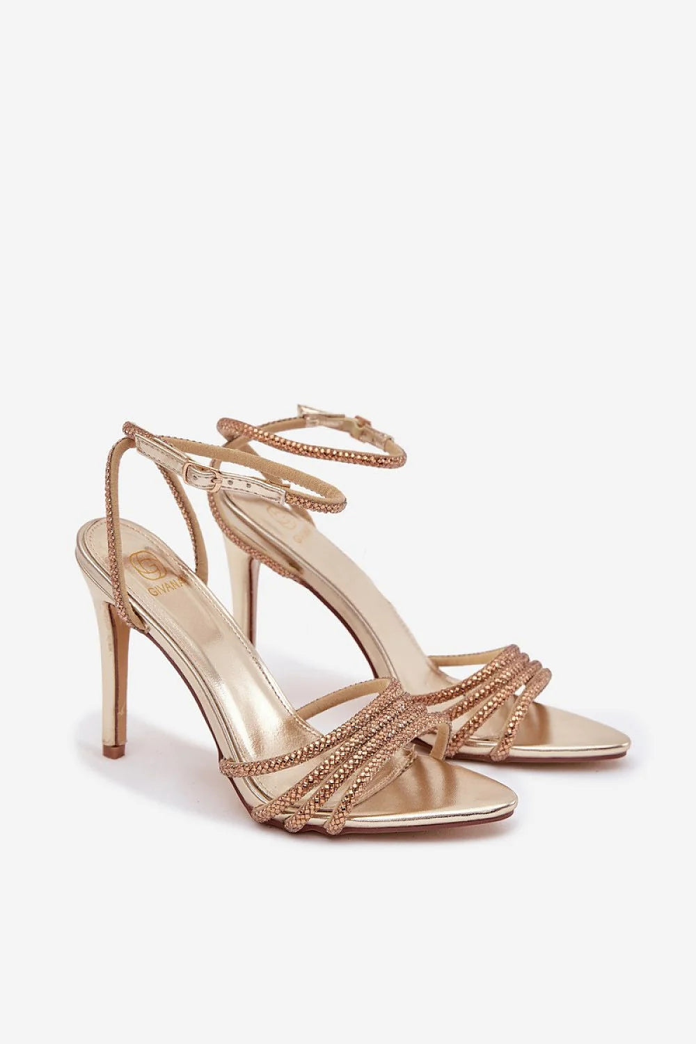 sandales talon aiguilles métallisé rose doré brides fines tressées cristaux brillants ouvert bride cheville réglable maintien élégant soirée mariage