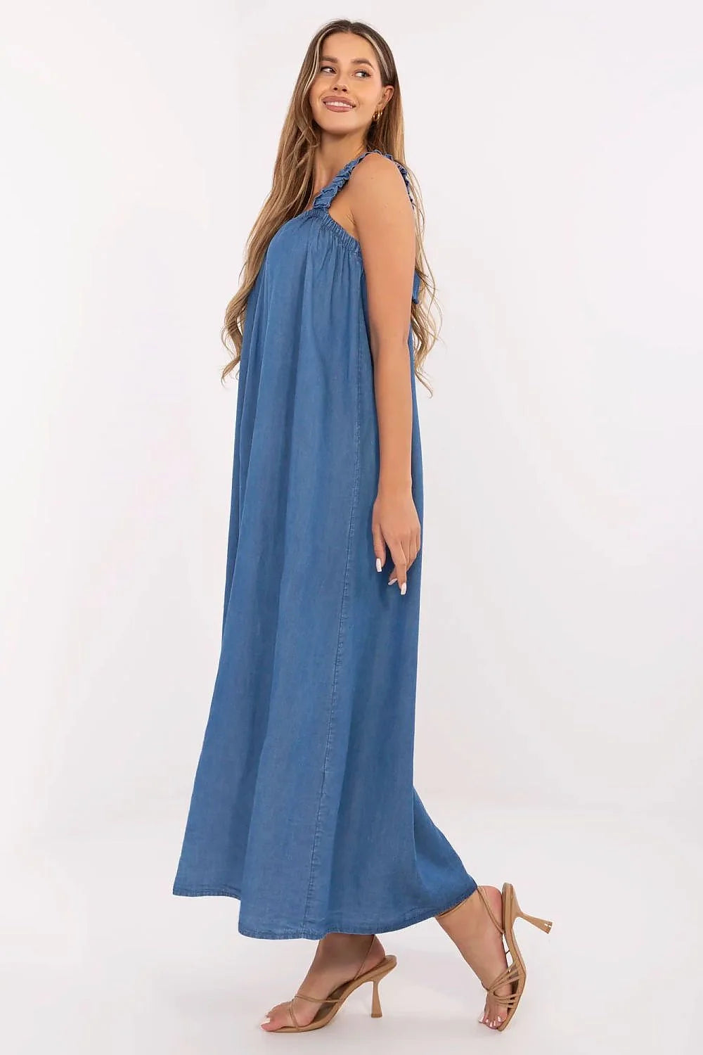 Robe été oversize jeans bleu denim longue élastiques fronces dos carré femme mode intemporelle