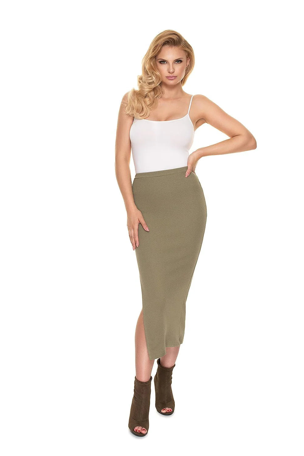 Jupe crayon maille côtelée extensible élégante slim fente latérale confortable style féminin chic polyvalent